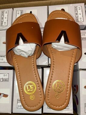 Women's Tan Slide Mules with Gold Accent